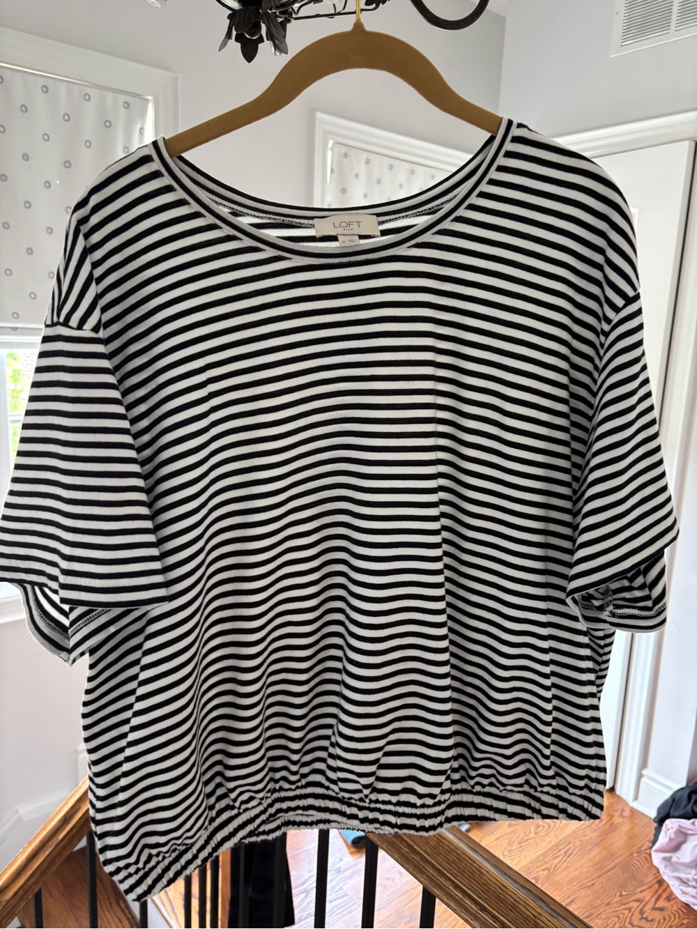 LOFT Black & White Striped Short Sleeve Crewneck Tee with an elastic waist.
